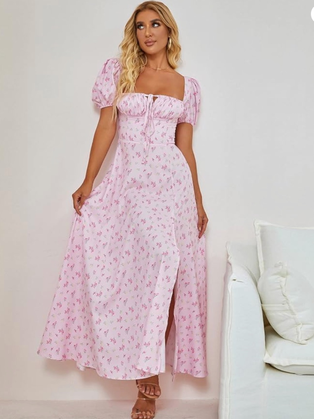 Pink Floral Puff-Sleeve Maxi Dress